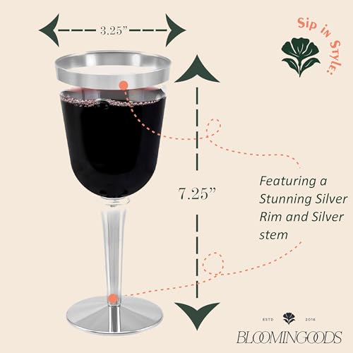BloominGoods 50 Silver Rimmed Disposable Plastic Wine Glasses | Large 10 oz. Premium Clear Hard Plastic Fancy Wine Cups fo...