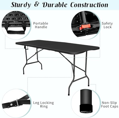 Vampire Killer 6FT Heavy-Duty Folding Table - Instant Setup Portable Utility Table for Large Gatherings, Indoor/Outdoor Ev...