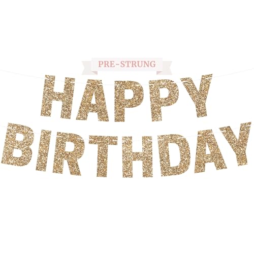 Pre-strung Happy Birthday Banner - No DIY - Gold Glitter Birthday Party Banner for Men & Women - Pre-strung Garland on 8 f...