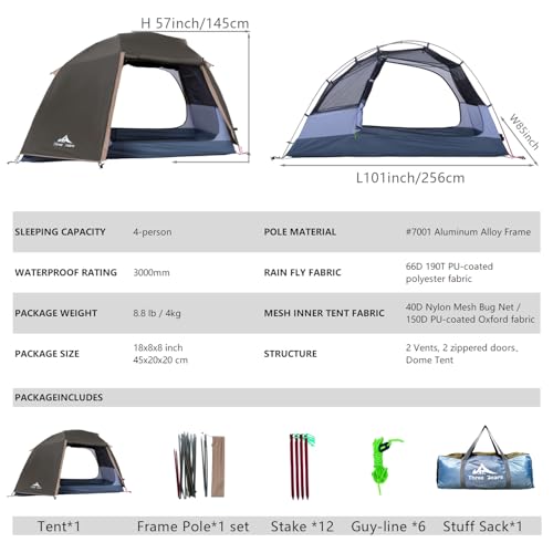 ThreeBears 4-Person Backpacking Tent Shelter, 3000mm Waterproof, Easy Setup, Spacious for Family Outdoor Adventures, Hikin...