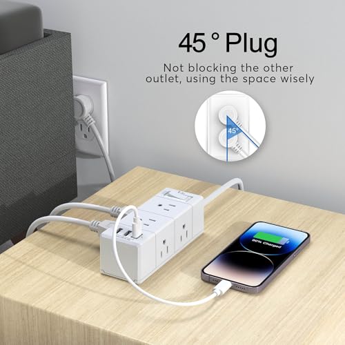 20Ft Extension Cord Flat Plug Power Strip - Tcstei 3-Side Outlet Extender with 6 AC Outlets and 3 USB Ports (1 USB C), Com...