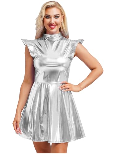 Alvivi Women Shiny Metallic Dress Holographic High Waisted Flare Skater Dress Carnival Party Outfit