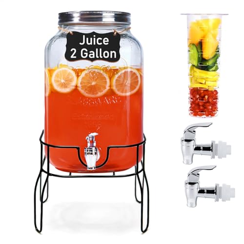 2 Gallon Glass Drink Dispensers for Parties, Sun Tea Glass Jar for Outside Beverage Dispenser with Stand+Lid 2 Press-Spigo...