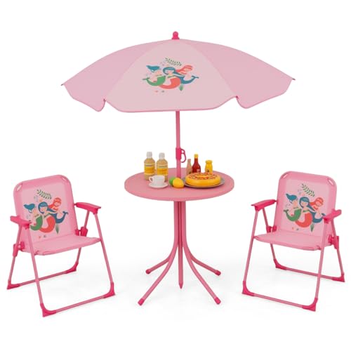 Costzon Kids Picnic Table, Kids Outdoor Table with 2 Folding Chairs, Height Adjustable Umbrella, Portable Children Outdoor...