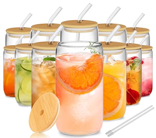 12Pcs Glass Cups with Lids and Straws - 16oz Can Shaped Drinking Glasses Set, Iced Coffee Cup, Beer Glasses Tumbler for Ju...