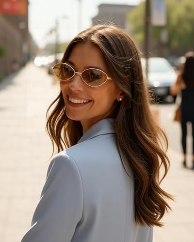 JIM HALO Vintage Oval Metal Sunglasses - Chic Cat Eye Style UV400 Protection Sun Glasses for Daily & Outdoor Use