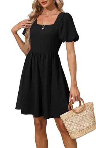 OFEEFAN Women Puff Sleeve Square Neck Tie in Back Dresses with Zipper