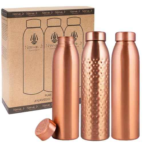 NORMAN JR, Copper Water Bottle 1L - Gift Box of 3, Plain 2, Hammered 1, an Ayurvedic vessel made of pure copper - helps you drink more water with many health benefits