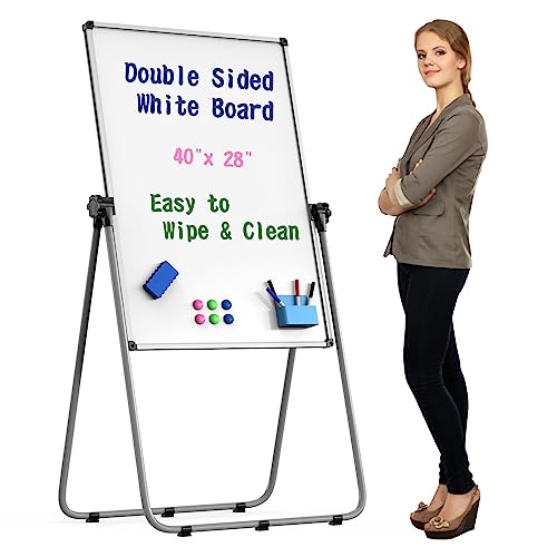 UIFER Double Sided White Board with Stand - 40x28 Portable Whiteboard Easel with Height Adjustable & 360° Rotation for Hom...