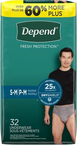Depend Incontinence Underwear for Men, Small/Medium, 32 Count | Maximum Protection | Grey | Disposable | Pack of 2