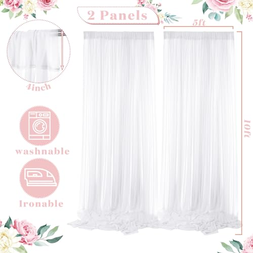 BBTO 2 Panels White Tulle Backdrop Curtain with Lights String for Parties Wedding Bridal Shower Sheer LED White Curtain Ba...