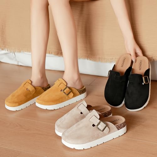 youermei Leather Platform Clogs for Women with Cork Footbed,Comfort Memory Foam Chunky Mules with Arch Support Womens Slip...