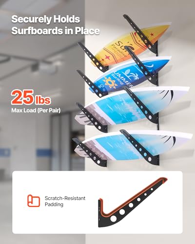 VEVOR Surfboard Wall Mount, 4 Tiers Horizontal Surfboard Rack for Storage and Display, Adjustable Height Metal Board Stand...