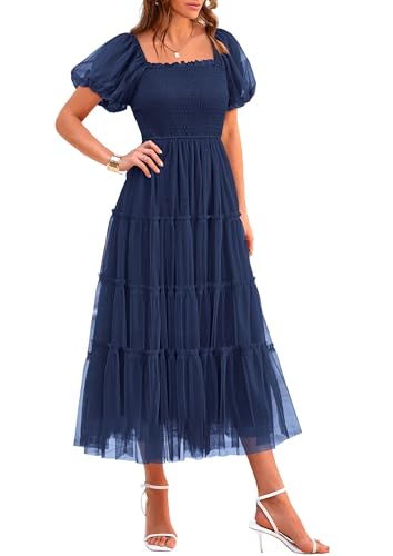 PRETTYGARDEN Women's Smocked Midi Tulle Dress 2026 Summer Puffy Short Sleeve Square Neck Ruffle Wedding Guest Party Dresses