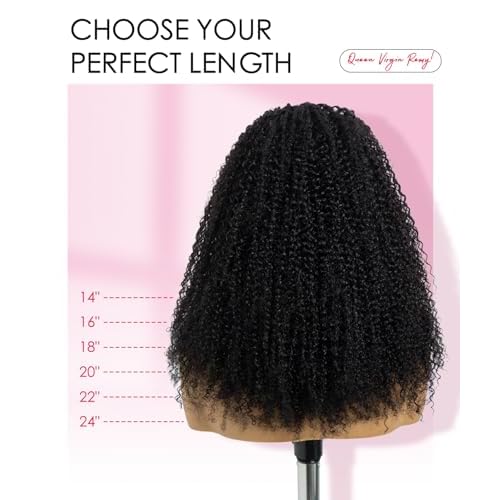 QUEEN VIRGIN REMY QVR Lace V-Part Wig Human Hair Kinky Curly No Leave Out V Shape Full Head Clip In Half Wig with Drawstring Natural Black Curly U Part Human Hair Wig for Black Women 14 Inch