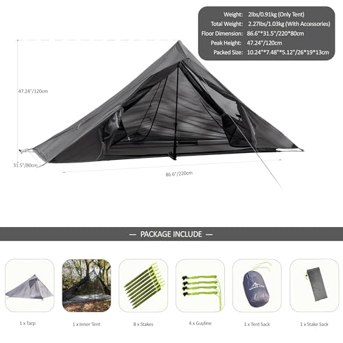 Nature Link Altair One Ultralight Trekking Pole Backpacking Tent, Waterproof SIL Nylon, Double Wall, 3 Season, 1 Person Sh...