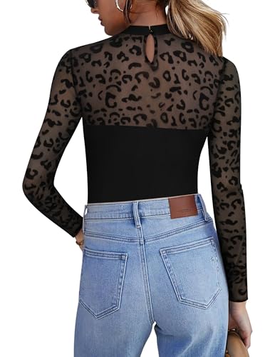 Zeagoo Long Sleeve Shirts for Women's Lace Tops Mesh Sheer Crew Neck Shirts Sexy Fall Going Out Blouse