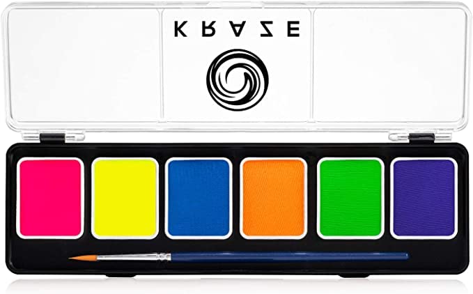 Kraze FX 6 Color Neon Face& Body Paint Palette (6 gram) with Brush - Water Activated, Professional UV Glow Blacklight Reactive Face Painting Kit, Hypoallergenic & Non-Toxic, Safe for Sensitive Skin