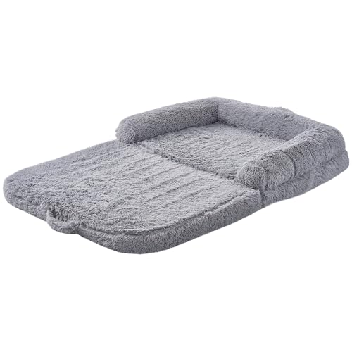 VEVOR Foldable Human Dog Bed, 72"x48"x10" Giant Human Sized Dog Bed with Washable PV Velvet Cover, Egg Orthopedic Foam, Storage Pocket, for You and Pet, Grey