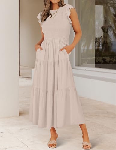 ZESICA Women's 2026 Summer Casual Flutter Short Sleeve Crew Neck Smocked Elastic Waist Tiered Midi Dress