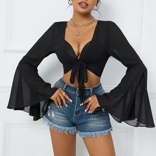 Mesh Tops for Women Bell Sleeve Rave Outfits Tie Front Crop Top Long Sleeve Shirt Sheer Blouse Festival