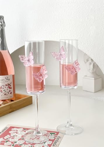 2Pcs Pink Butterfly Wine Glasses, 3D Butterfly Champagne Cups Drinking Glasses Fashioned Wine Cocktails Glassware Romantic...