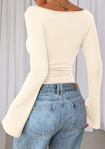 PRETTYGARDEN Womens Long Sleeve Shirts 2026 Spring Crop Going Out Tops Casual Boat Neck Bell Sleeve Ribbed Ruched Y2K Clothes
