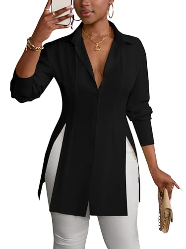 LYANER Women's Button Down Shirt Dress Collar V Neck Long Sleeve Slit Sexy Shirt Dresses