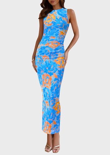 PRETTYGARDEN Womens Summer Wedding Guest Dress 2026 Spring Mesh Sleeveless Bodycon Ruched Floral Holiday Maxi Long Dresses