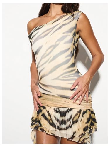 Verdusa Women's Tiger Print Off Shoulder Mini Dresses Ruffle Bodycon Dresses Festival Outfits