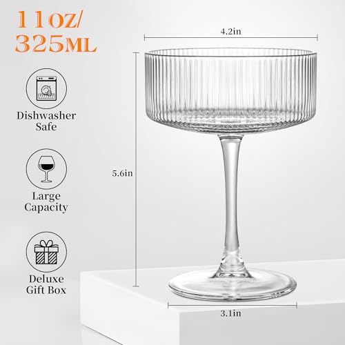 Amyoole Vintage Ribbed Coupe Glasses Set of 6-11oz Clear 100% Crystal Martini Glasses Elegant Cocktail Glasses, Transparen...