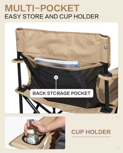 MOBI GARDEN Portable Camping Chair for Adults, Cushion Seat & Back Quad Chair with 2 Cup Holder and Mesh Back Pocket, Carr...