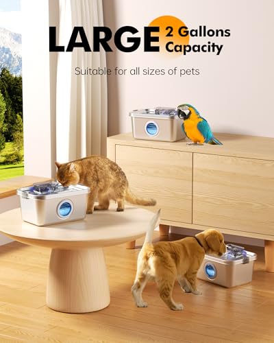 PETIMI Cat & Dog Water Fountain, 2 Gallon 304 Food Grade Stainless Steel Pet Water Fountain, Ultra Quiet Dog Water Bowl Di...