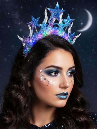 Formery Light Up Star Halo Crown Silver Celestial Goddess Headband Glitter LED Hair Accessories for Women