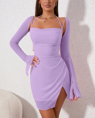 HTZMO Sexy Women's Halter Flounce Sleeves Ruched Mini Dress Sheer Mesh Side Split Cute Party Short Dresses