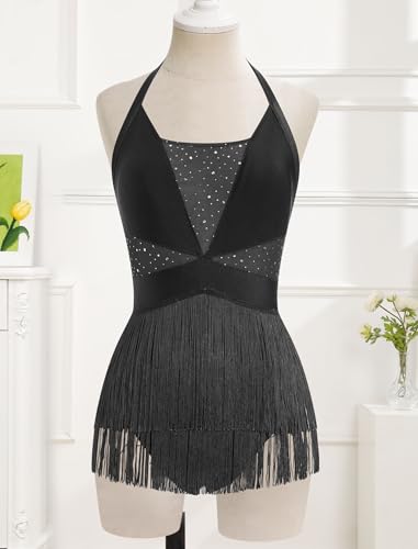 ODASDO Woman Latin Dance Costume Mesh Sequin Bodysuit Sparkly Jumpsuit Halter Neck Tassel Fringe Romper Mini Dress XS-XL