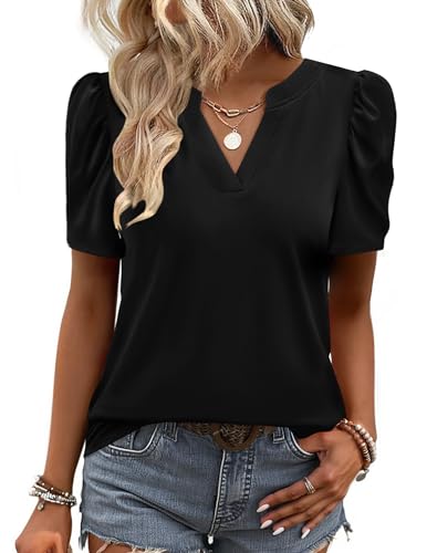 Zeagoo Women Blouses Puff Short Sleeve Tops V Neck Dressy Casual Spring Shirts Boho Floral Cute Clothes 2026
