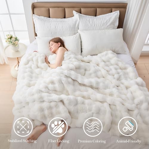 Faux Fur Throw Blanket for Couch, 1000 GSM Cozy Fuzzy Fluffy Soft Plush Thick Bubble Sherpa Blanket for Sofa Bedroom Livin...