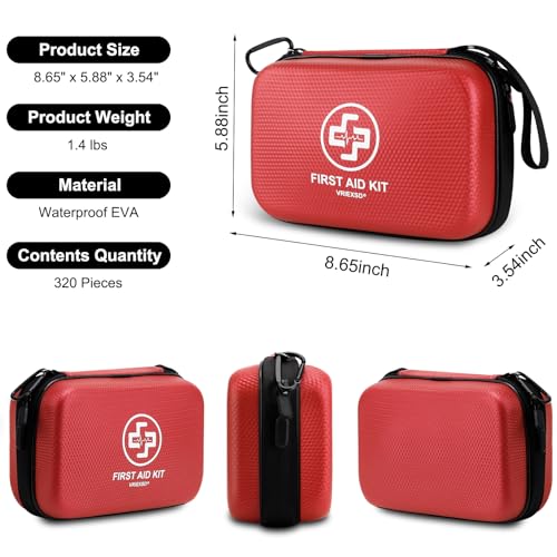 VRIEXSD Premium First Aid Kit, 320 Piece Waterproof Hard Shell Eva First Aid Kit for Home, Camping, Cars, Hiking, Travel, ...