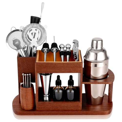 Lexenic Cocktail Making Dock, 23-Piece Cocktail Shaker Set with Versatile Wooden Stand, Easy Access Stainless Steel Barten...