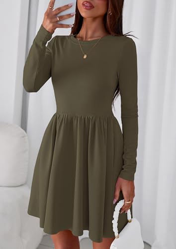 PRETTYGARDEN Women's Long Sleeve Mini Dresses 2025 Fall Casual Crewneck Pleated A Line Party Cocktail Short Dress with Pocket