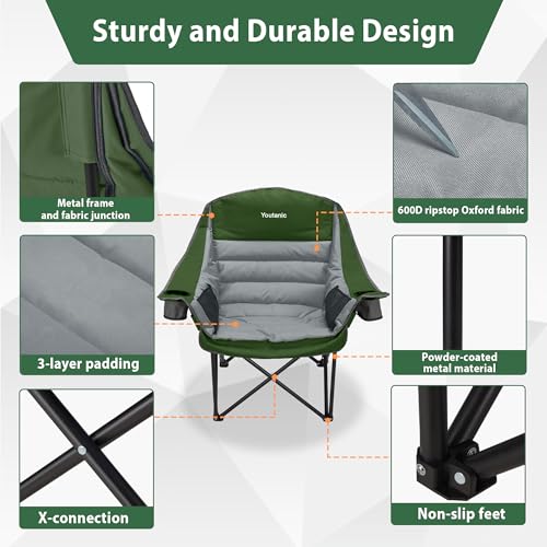 Youtanic Oversized Camping Chair, Portable Folding Camping Chairs with Side Pocket, Cup Holder and Carry Bag, Heavy Duty O...