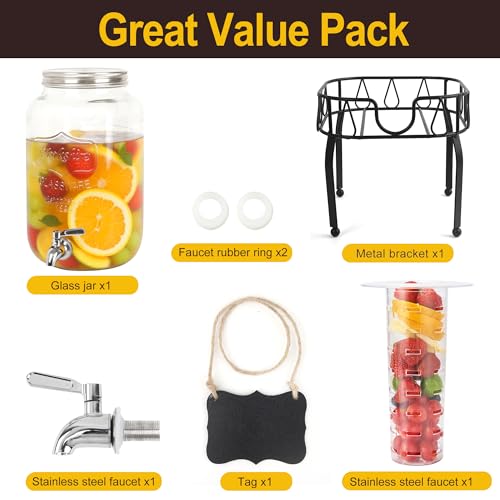 Glass Drink Dispensers for Parties, Beverage Dispenser with Stand, Ice Cylinder and Stainless Steel Spigot 100% Leakproof,...