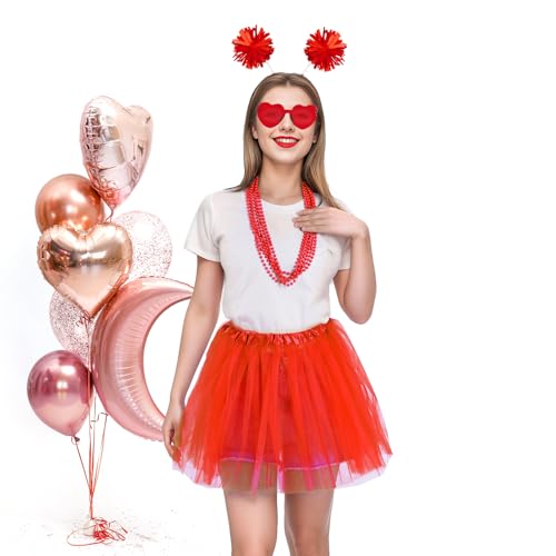 Sucrain Tutu Costume Accessories Set, Spirit Day Pom Pom Headband Necklaces Heart Sunglasses Tutu Wear for Women Party