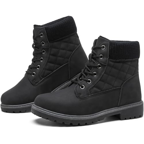 kufeiti Waterproof Ankle Boots for Women Non Slip Black Combat Boots Fall Winter Snow Lace Up Hiking Booties