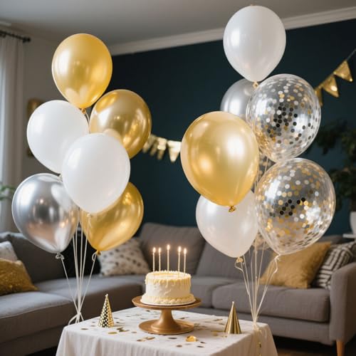 Gender Reveal 60 Pcs Balloons for Birthday Party，12 Inch Gold and Silver Latex Metallic Balloons 12 Inch Gold and Silver C...