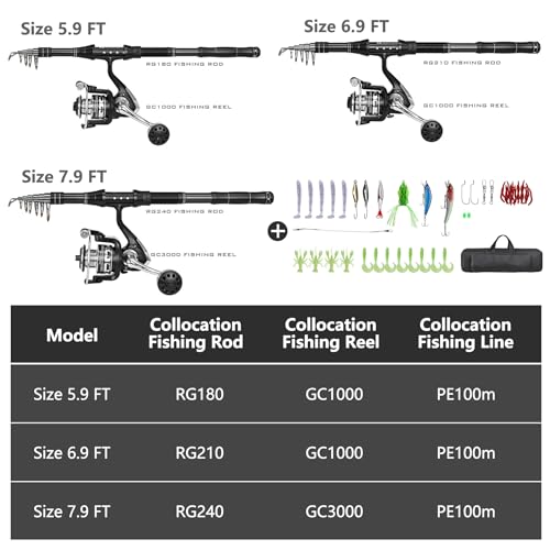 Telescopic Fishing Rod and Reel Combo, Spinning Reel with Carrier Bag, Travel Saltwater Freshwater Fishing
