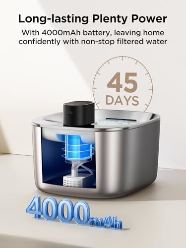 FEELNEEDY Wireless Cat Water Fountain Stainless Steel with Sensor, 4000mAh Battery Operated, 4L/135fl oz Pet Water Fountai...