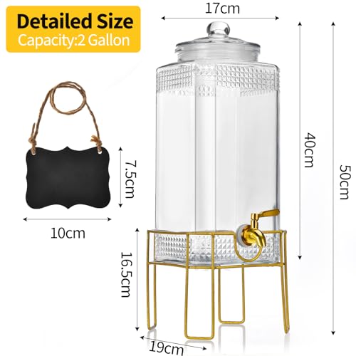 Drink Dispenser,2 Gallon Drink Dispensers for Parties,Beverage Dispenser with Stand,Glass Lid and Stainless Steel Spigot L...