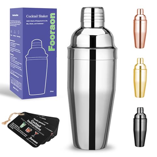 24oz Cocktail Shaker Bar Set - Drink Shaker Built-in Strainer, 2oz & 1oz Double Measuring Jigger, Mixing Spoon Set - Profe...